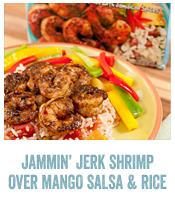 Jammin� Jerk Shrimp Over Mango Salsa and Rice